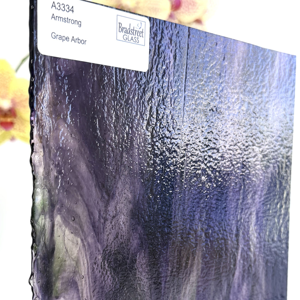 Armstrong 3334 Stained Glass Sheet
Grape Arbor: Streaky Opaque Green and Purple on Clear art glass at Bradstreet Glass.