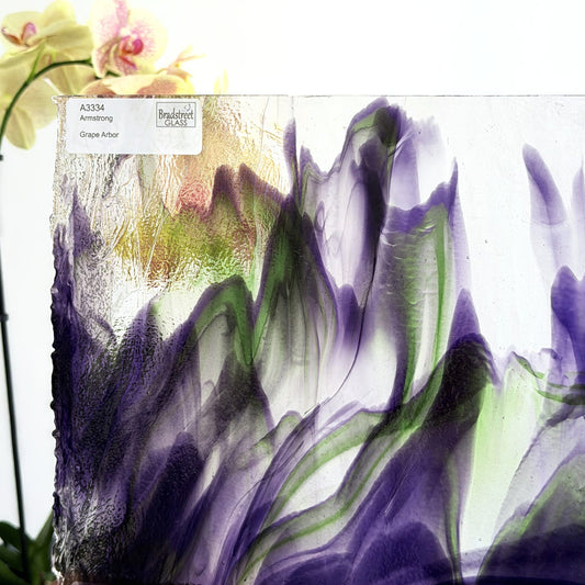 Armstrong 3334 Stained Glass Sheet
Grape Arbor: Streaky Opaque Green and Purple on Clear art glass at Bradstreet Glass.