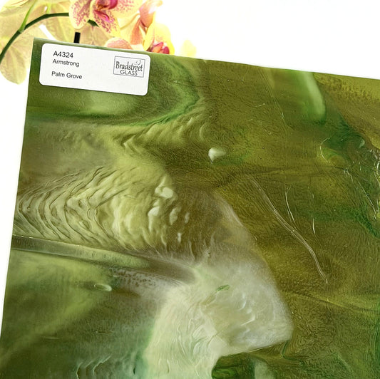 Armstrong 4324 Stained Glass Sheet
Palm Grove: Streaky Greens with Amber and Ivory Opal. Swirled art glass for stained glass at Bradstreet Glass.