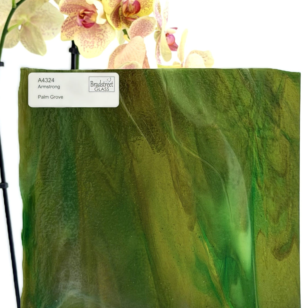Armstrong 4324 Stained Glass Sheet
Palm Grove: Streaky Greens with Amber and Ivory Opal. Swirled art glass for stained glass at Bradstreet Glass.