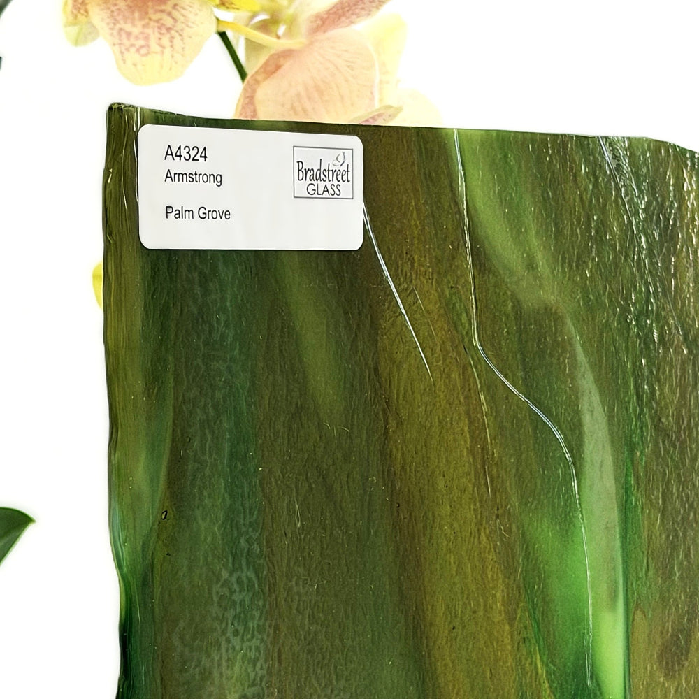 Armstrong 4324 Stained Glass Sheet
Palm Grove: Streaky Greens with Amber and Ivory Opal. Swirled art glass for stained glass at Bradstreet Glass.