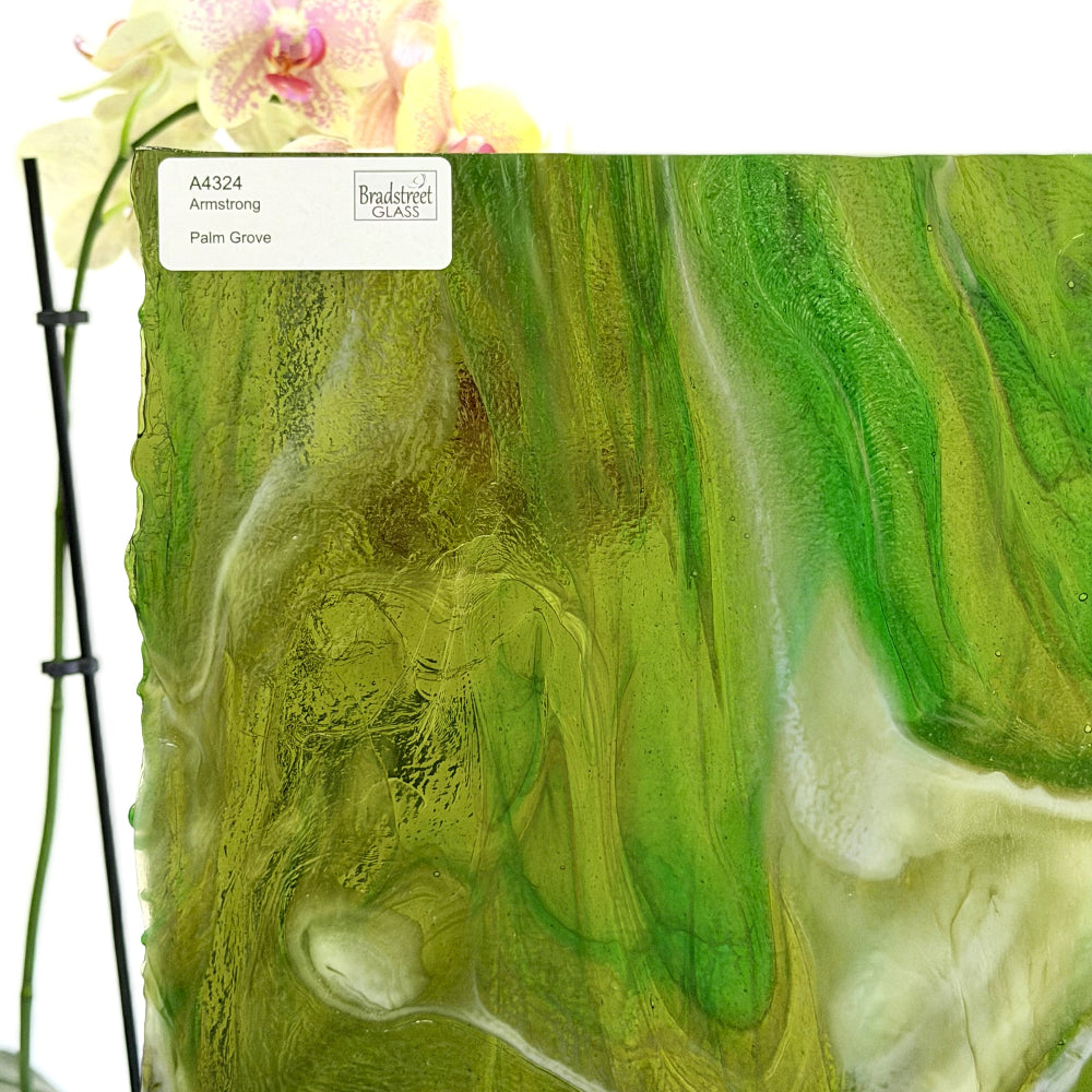 Armstrong 4324 Stained Glass Sheet
Palm Grove: Streaky Greens with Amber and Ivory Opal. Swirled art glass for stained glass at Bradstreet Glass.