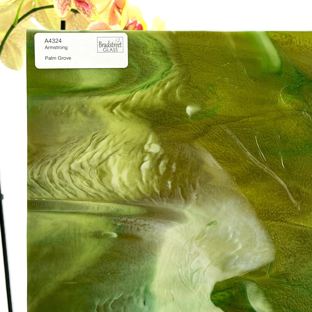 Armstrong 4324 Stained Glass Sheet
Palm Grove: Streaky Greens with Amber and Ivory Opal. Swirled art glass for stained glass at Bradstreet Glass.