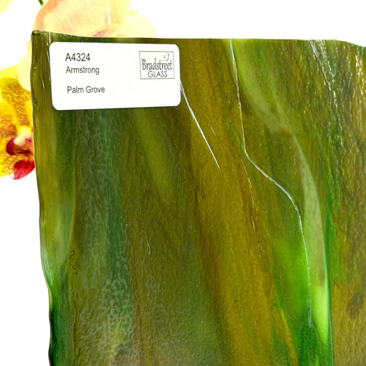 Armstrong 4324 Stained Glass Sheet
Palm Grove: Streaky Greens with Amber and Ivory Opal. Swirled art glass for stained glass at Bradstreet Glass.