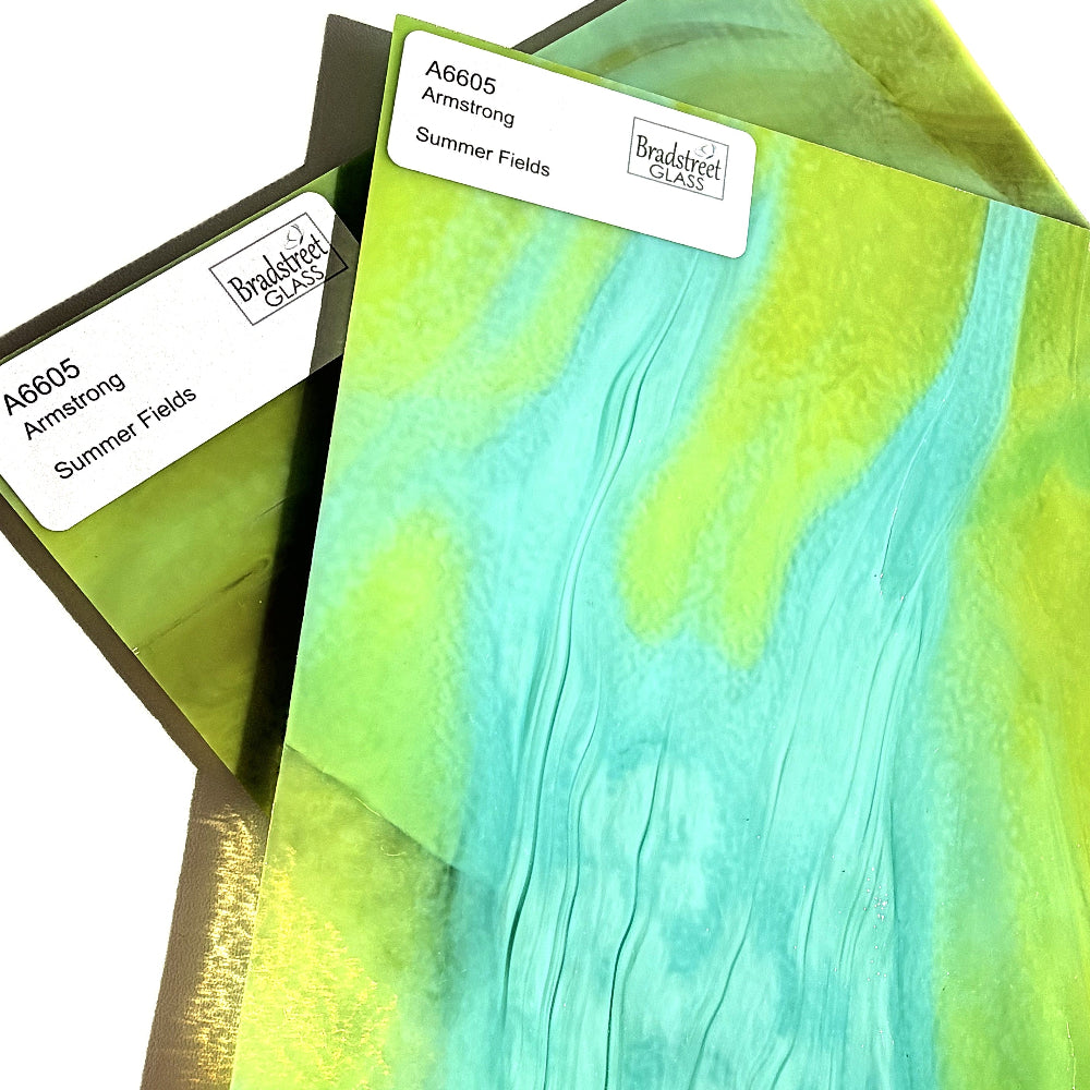 Armstrong 6605 Stained Glass Sheet
Summer Fields: Yellow and Blue Mixed Streaky colored art glass for stained glass and mosaics at Bradstreet Glass.