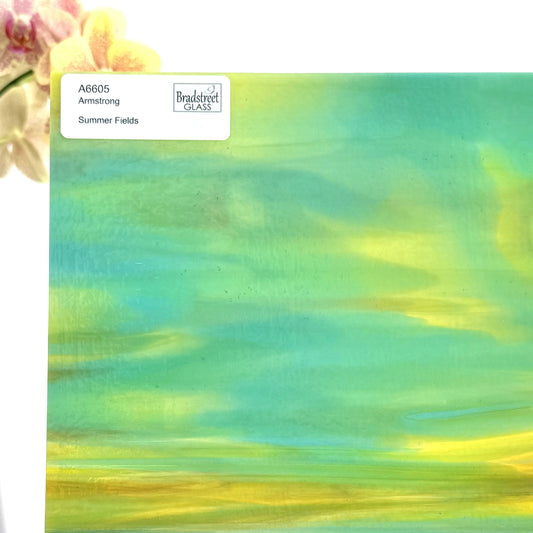 Armstrong 6605 Stained Glass Sheet
Summer Fields: Yellow and Blue Mixed Streaky colored art glass for stained glass and mosaics at Bradstreet Glass.