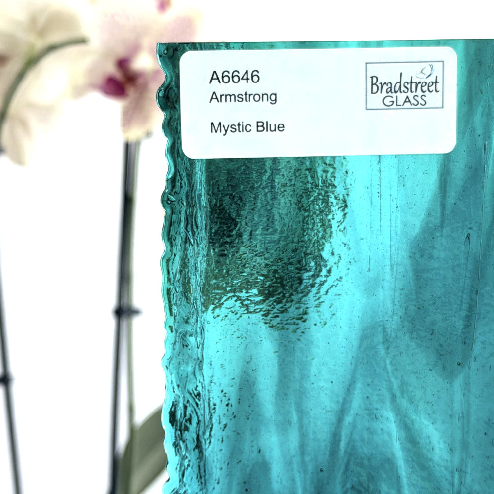 Armstrong 6646 Stained Glass Sheet
Mystic Blue: Wispy Teal Green / Turquoise Aqua Blue art glass at Bradstreet Glass.