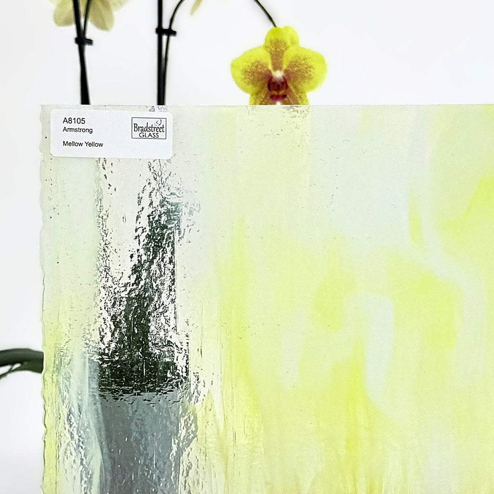 Armstrong 8105 Mellow Yellow Stained Glass Sheet. Yellow mixed through White Opal and Clear Art Glass for stained glass and mosaics at Bradstreet Glass.