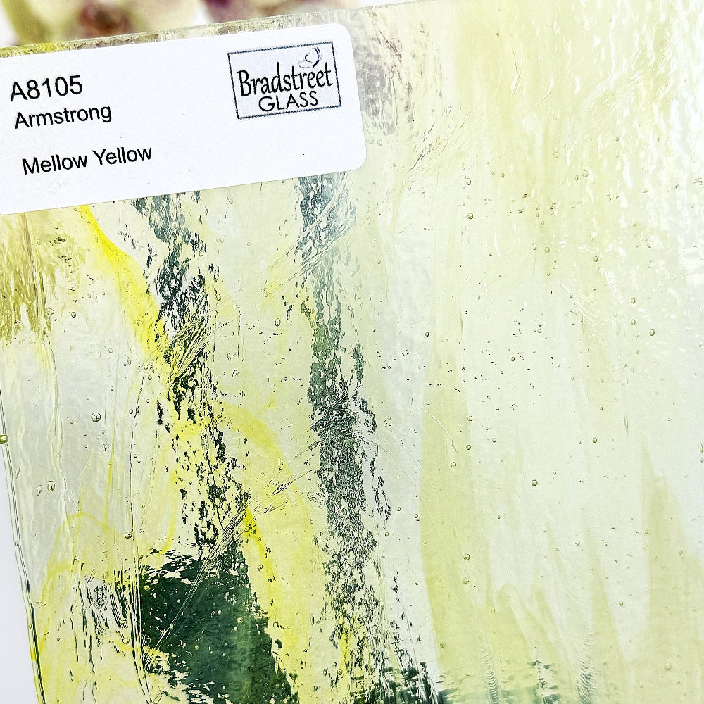Armstrong 8105 Mellow Yellow Stained Glass Sheet. Yellow mixed through White Opal and Clear Art Glass for stained glass and mosaics at Bradstreet Glass.