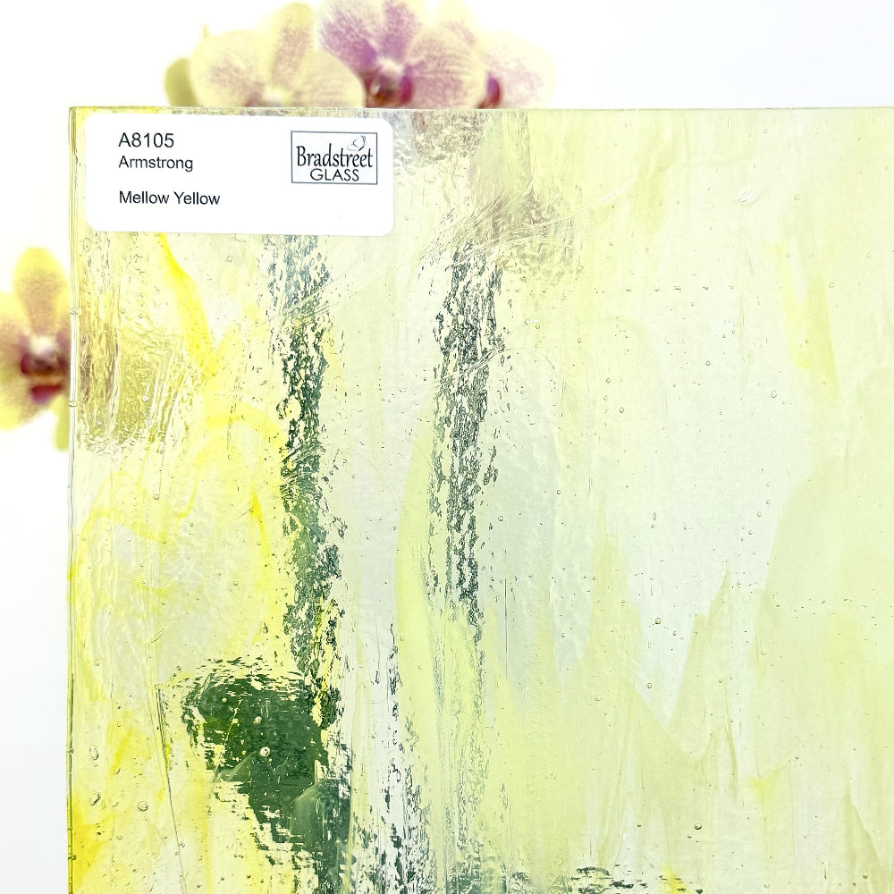 Armstrong 8105 Mellow Yellow Stained Glass Sheet. Yellow mixed through White Opal and Clear Art Glass for stained glass and mosaics at Bradstreet Glass.