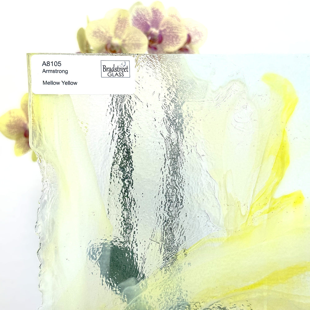 Armstrong 8105 Mellow Yellow Stained Glass Sheet. Yellow mixed through White Opal and Clear Art Glass for stained glass and mosaics at Bradstreet Glass.