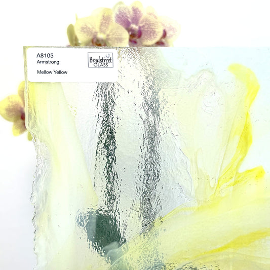 Armstrong 8105 Mellow Yellow Stained Glass Sheet. Yellow mixed through White Opal and Clear Art Glass for stained glass and mosaics at Bradstreet Glass.