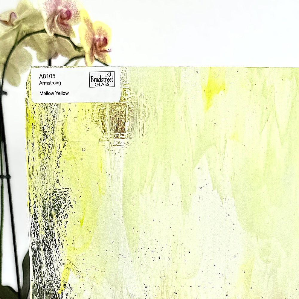Armstrong 8105 Mellow Yellow Stained Glass Sheet. Yellow mixed through White Opal and Clear Art Glass for stained glass and mosaics at Bradstreet Glass.
