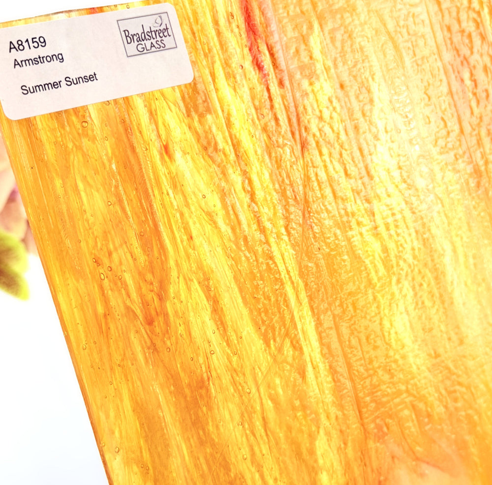Armstrong 8159 Stained Glass Sheet
Summer Sunset: Orange, Yellow, Clear and White Opal art glass for mosaics and stained glass at Bradstreet Glass.