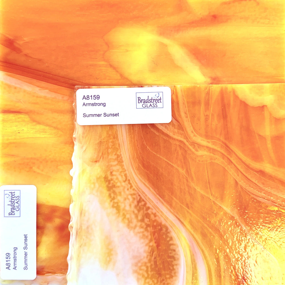 Armstrong 8159 Stained Glass Sheet
Summer Sunset: Orange, Yellow, Clear and White Opal art glass for mosaics and stained glass at Bradstreet Glass.