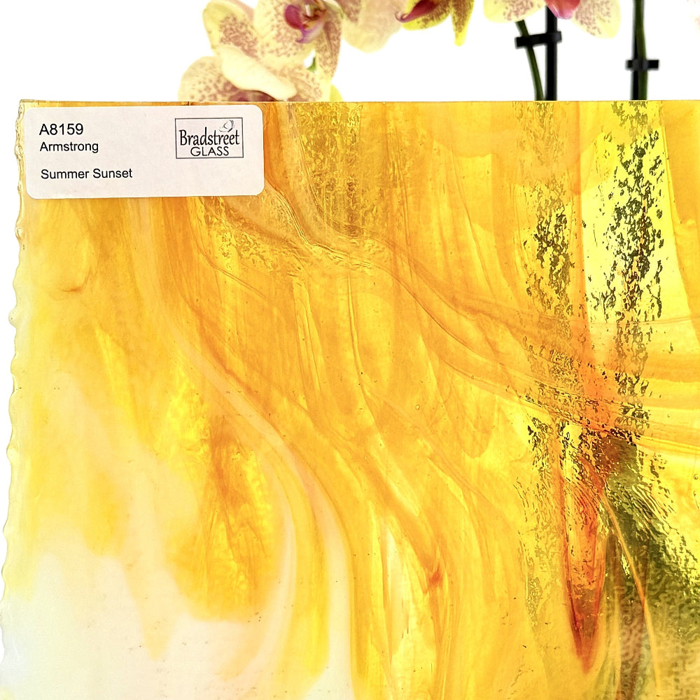 Armstrong 8159 Stained Glass Sheet
Summer Sunset: Orange, Yellow, Clear and White Opal art glass for mosaics and stained glass at Bradstreet Glass.
