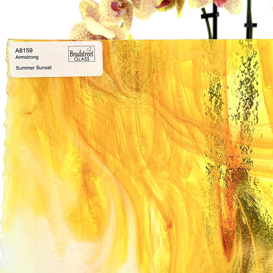 Armstrong 8159 Stained Glass Sheet
Summer Sunset: Orange, Yellow, Clear and White Opal art glass for mosaics and stained glass at Bradstreet Glass.