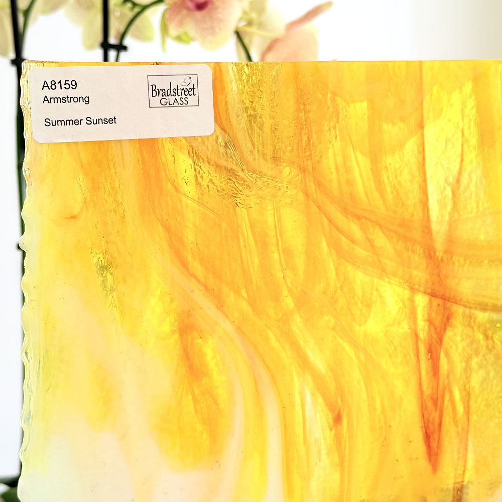 Armstrong 8159 Stained Glass Sheet
Summer Sunset: Orange, Yellow, Clear and White Opal art glass for mosaics and stained glass at Bradstreet Glass.
