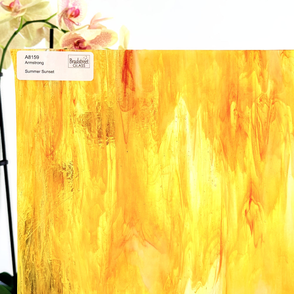 Armstrong 8159 Stained Glass Sheet
Summer Sunset: Orange, Yellow, Clear and White Opal art glass for mosaics and stained glass at Bradstreet Glass.