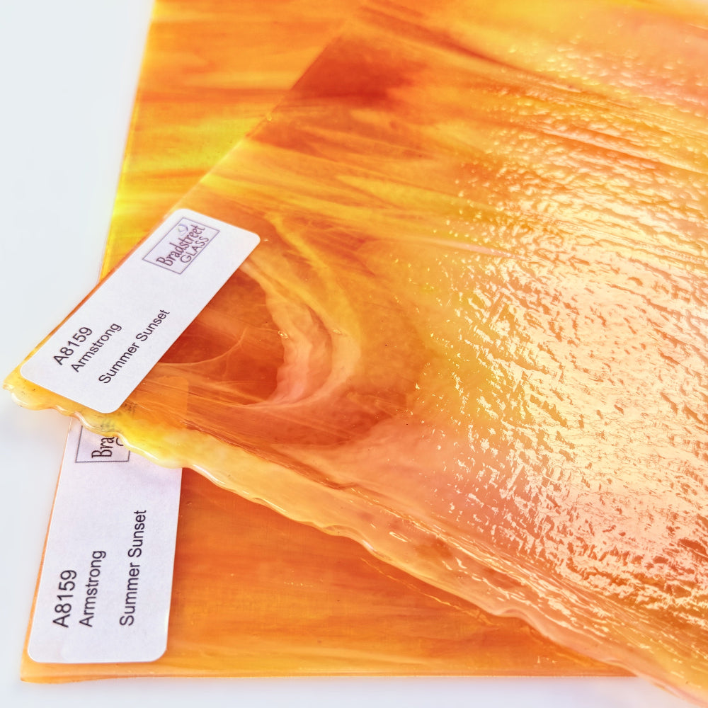 Armstrong 8159 Stained Glass Sheet
Summer Sunset: Orange, Yellow, Clear and White Opal art glass for mosaics and stained glass at Bradstreet Glass.