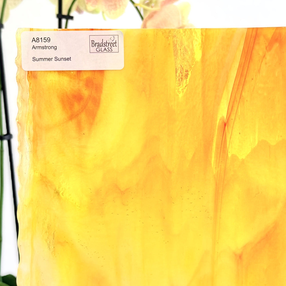 Armstrong 8159 Stained Glass Sheet
Summer Sunset: Orange, Yellow, Clear and White Opal art glass for mosaics and stained glass at Bradstreet Glass.