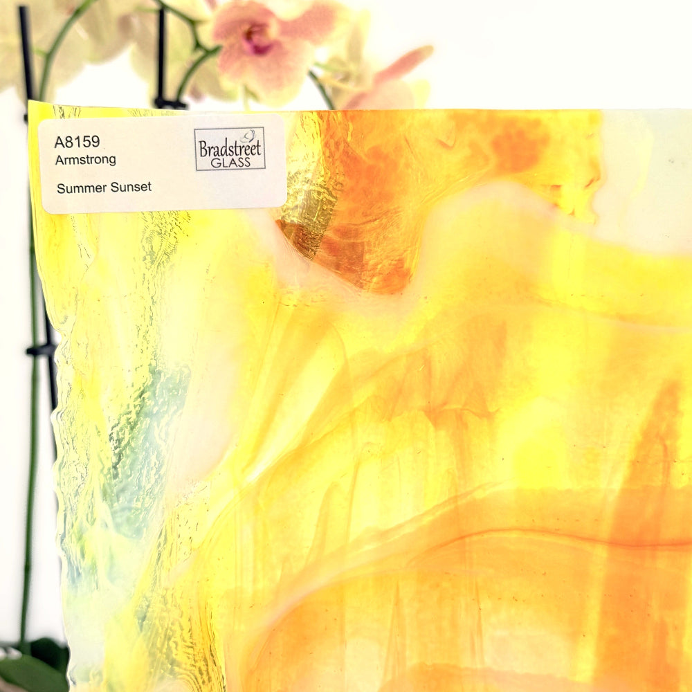Armstrong 8159 Stained Glass Sheet
Summer Sunset: Orange, Yellow, Clear and White Opal art glass for mosaics and stained glass at Bradstreet Glass.