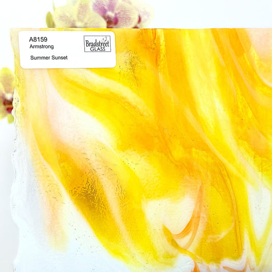 Armstrong 8159 Stained Glass Sheet
Summer Sunset: Orange, Yellow, Clear and White Opal art glass for mosaics and stained glass at Bradstreet Glass.