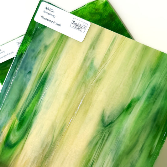 Armstrong 8452 Stained Glass Sheet Sherwood Forest: Streaky Green and Amber on Clear and Opal art glass at Bradstreet Glass