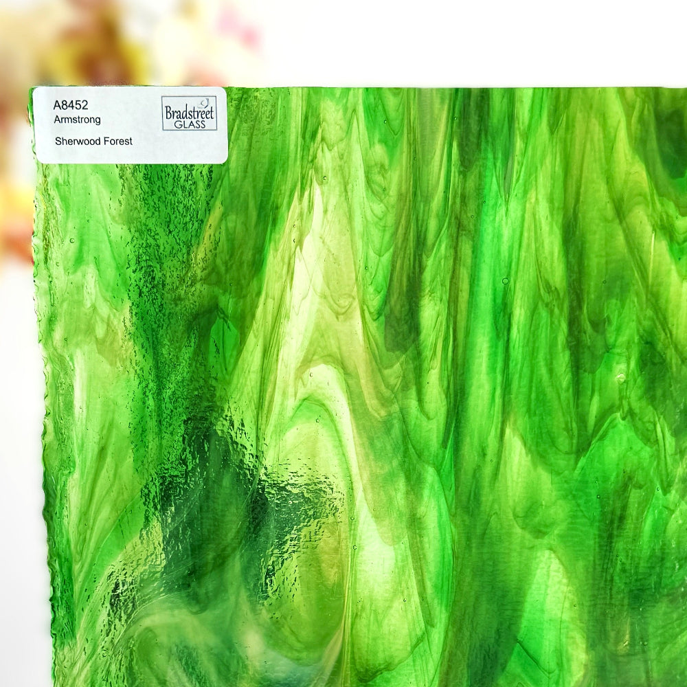 Armstrong 8452 Stained Glass Sheet Sherwood Forest: Streaky Green and Amber on Clear and Opal art glass at Bradstreet Glass