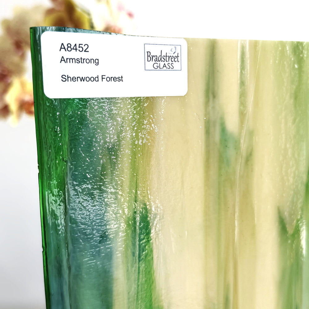 Armstrong 8452 Stained Glass Sheet Sherwood Forest: Streaky Green and Amber on Clear and Opal art glass at Bradstreet Glass