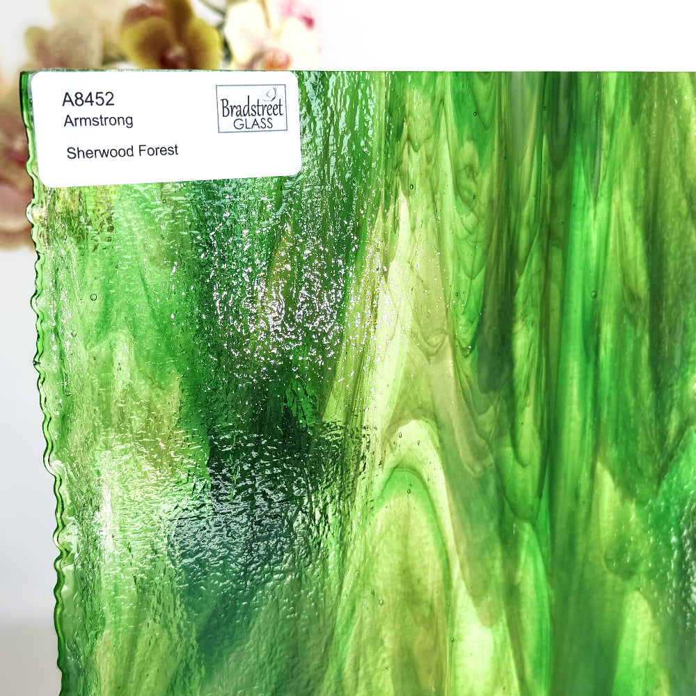 Armstrong 8452 Stained Glass Sheet Sherwood Forest: Streaky Green and Amber on Clear and Opal art glass at Bradstreet Glass
