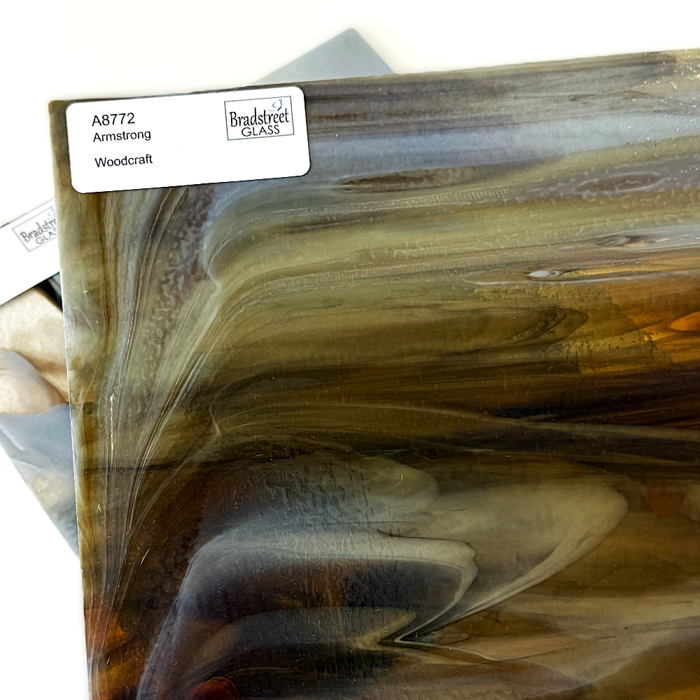 Armstrong 8772 Stained Glass Sheet
Woodcraft: Streaky Opaque Deep Brown and Rich Amber on Clear w Opal. Wispy glass for stained glass at Bradstreet Glass.