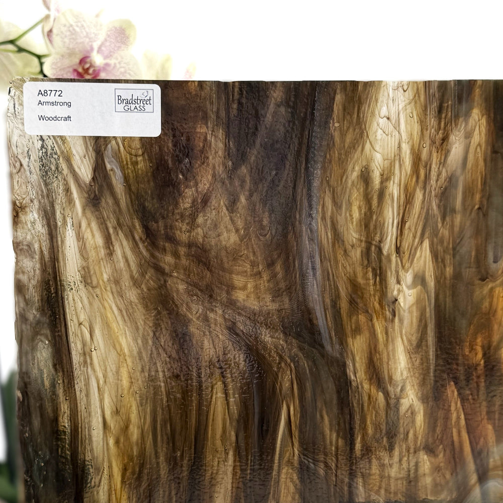 Armstrong 8772 Stained Glass Sheet
Woodcraft: Streaky Opaque Deep Brown and Rich Amber on Clear w Opal. Wispy glass for stained glass at Bradstreet Glass.