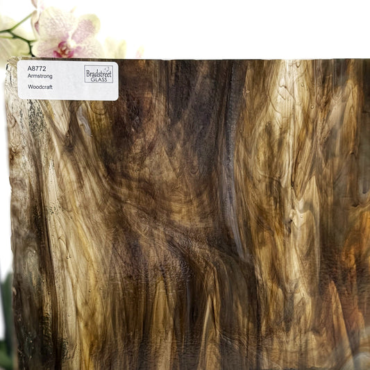 Armstrong 8772 Stained Glass Sheet
Woodcraft: Streaky Opaque Deep Brown and Rich Amber on Clear w Opal. Wispy glass for stained glass at Bradstreet Glass.