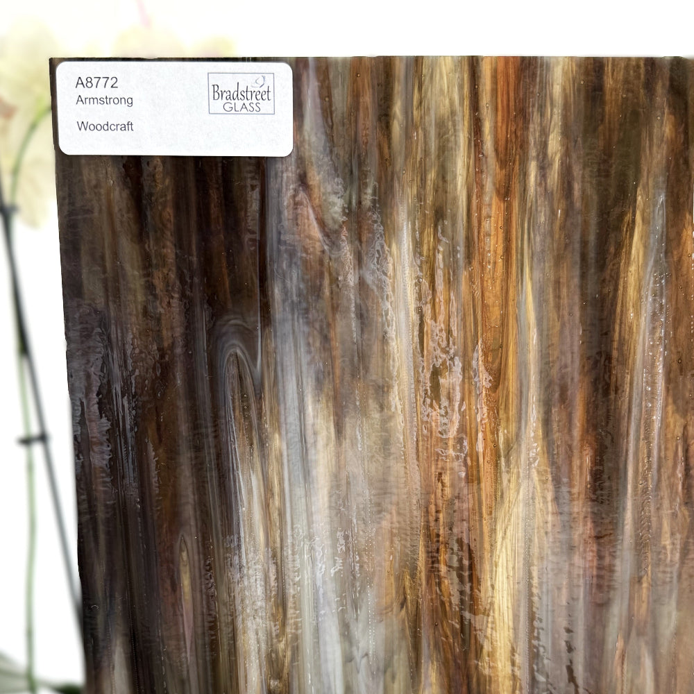 Armstrong 8772 Stained Glass Sheet
Woodcraft: Streaky Opaque Deep Brown and Rich Amber on Clear w Opal. Wispy glass for stained glass at Bradstreet Glass.