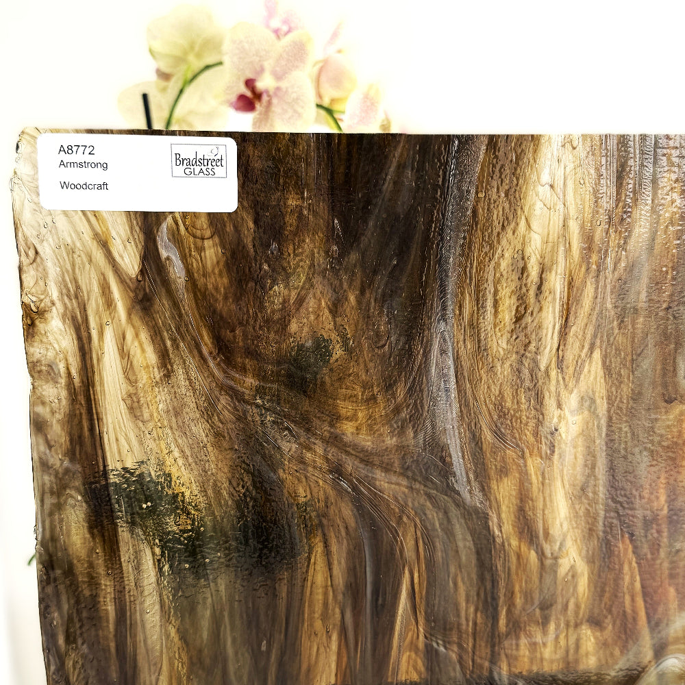 Armstrong 8772 Stained Glass Sheet
Woodcraft: Streaky Opaque Deep Brown and Rich Amber on Clear w Opal. Wispy glass for stained glass at Bradstreet Glass.