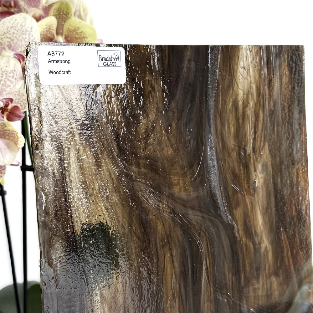 Armstrong 8772 Stained Glass Sheet
Woodcraft: Streaky Opaque Deep Brown and Rich Amber on Clear w Opal. Wispy glass for stained glass at Bradstreet Glass.