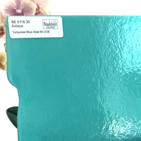 Bullseye 0116 30 Turquoise Blue Opal stained glass sheet. Fusible 90 COE
opaque art glass for stained glass, mosaic glass, and fusing at Bradstreet Glass.