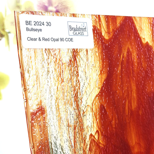 Clear and Red Opal Stained Glass Sheet. Bullseye 2024 30 Fusible 90 COE art glass for stained glass, fusing and mosaics at Bradstreet Glass.