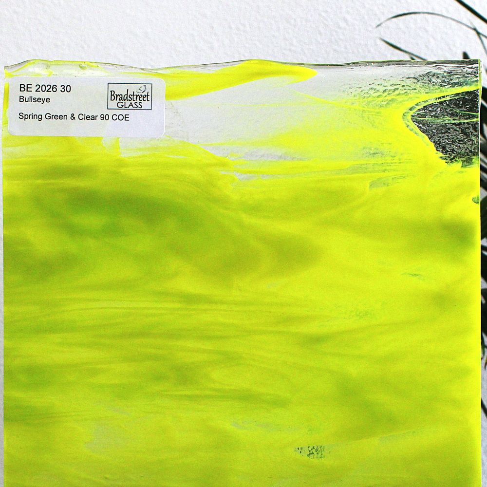 Bullseye 2026 Spring Green and Clear stained glass sheet. 90 COE fusible Bullseye glass at Bradstreet Glass.
