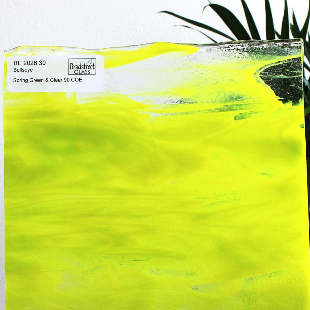 Bullseye 2026 Spring Green and Clear stained glass sheet. 90 COE fusible Bullseye glass at Bradstreet Glass.
