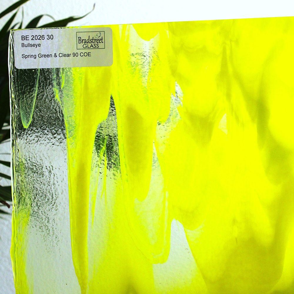 Bullseye 2026 Spring Green and Clear stained glass sheet. 90 COE fusible Bullseye glass at Bradstreet Glass.