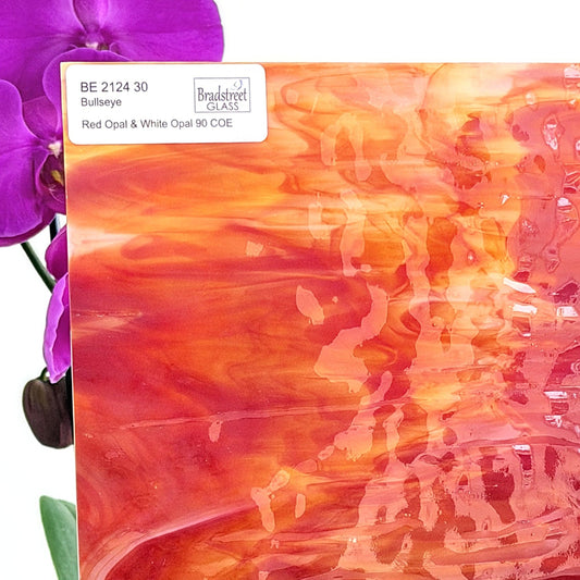 Red Opal & White Opal Stained Glass Sheet. Bullseye 2124 Fusible 90 COE art glass for fusing, stained glass and mosaics at Bradstreet Glass.