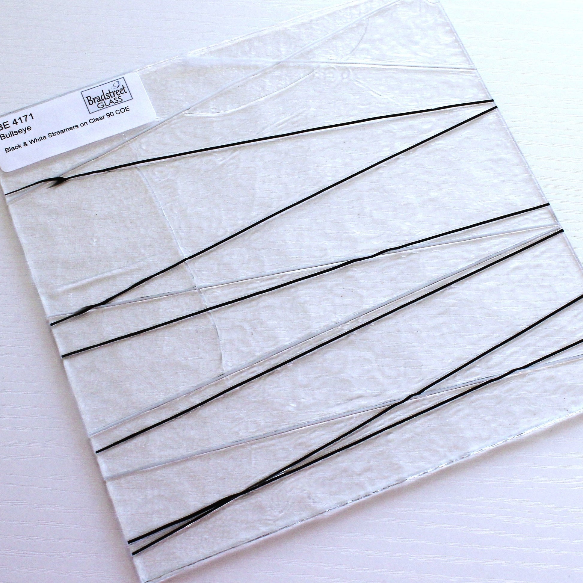 Bullseye 4171 Stained Glass Sheet 
Black and White Stringers on Clear 90 COE Fusible Art Glass. Bradstreet Glass