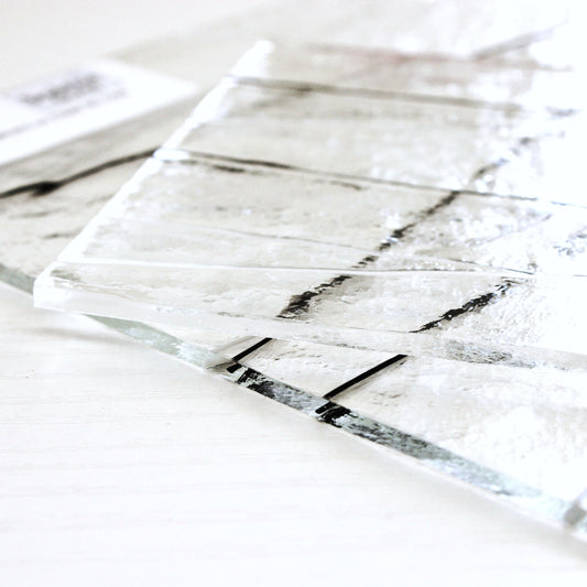 Close-Up Bullseye 4171 Stained Glass Sheet. Black and White Stringers on Clear 90 COE Fusible Art Glass. Bradstreet Glass