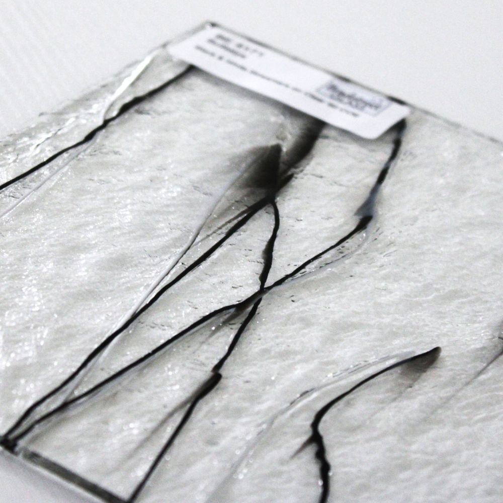 Black & White Streamer Stained Glass Sheet Bullseye 4171. Fusible 90 COE Black and white glass strings on clear art glass at Bradstreet Glass.