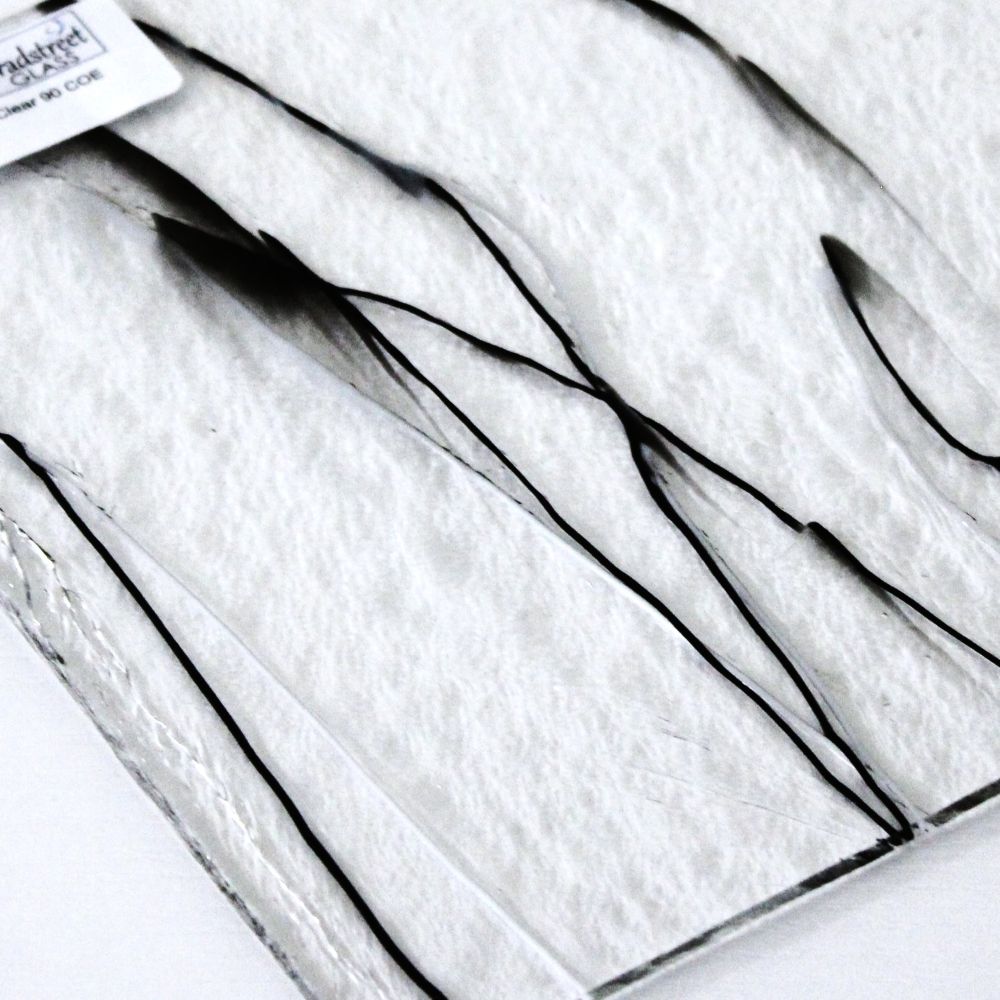 Black & White Streamer Stained Glass Sheet Bullseye 4171. Fusible 90 COE Black and white glass strings on clear art glass at Bradstreet Glass.