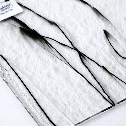Black & White Streamer Stained Glass Sheet Bullseye 4171. Fusible 90 COE Black and white glass strings on clear art glass at Bradstreet Glass.