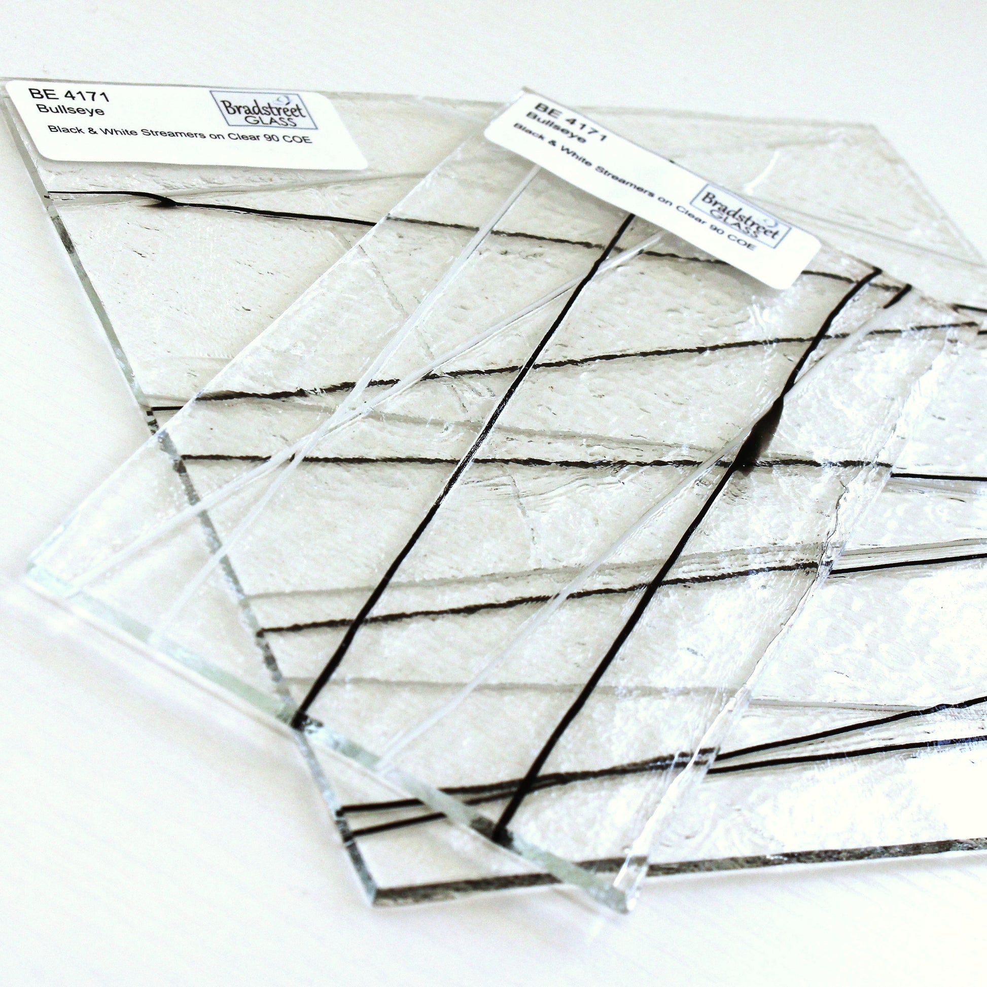 Bullseye 4171 Stained Glass Sheet 
Black and White Stringers on Clear 90 COE Fusible Art Glass. Bradstreet Glass