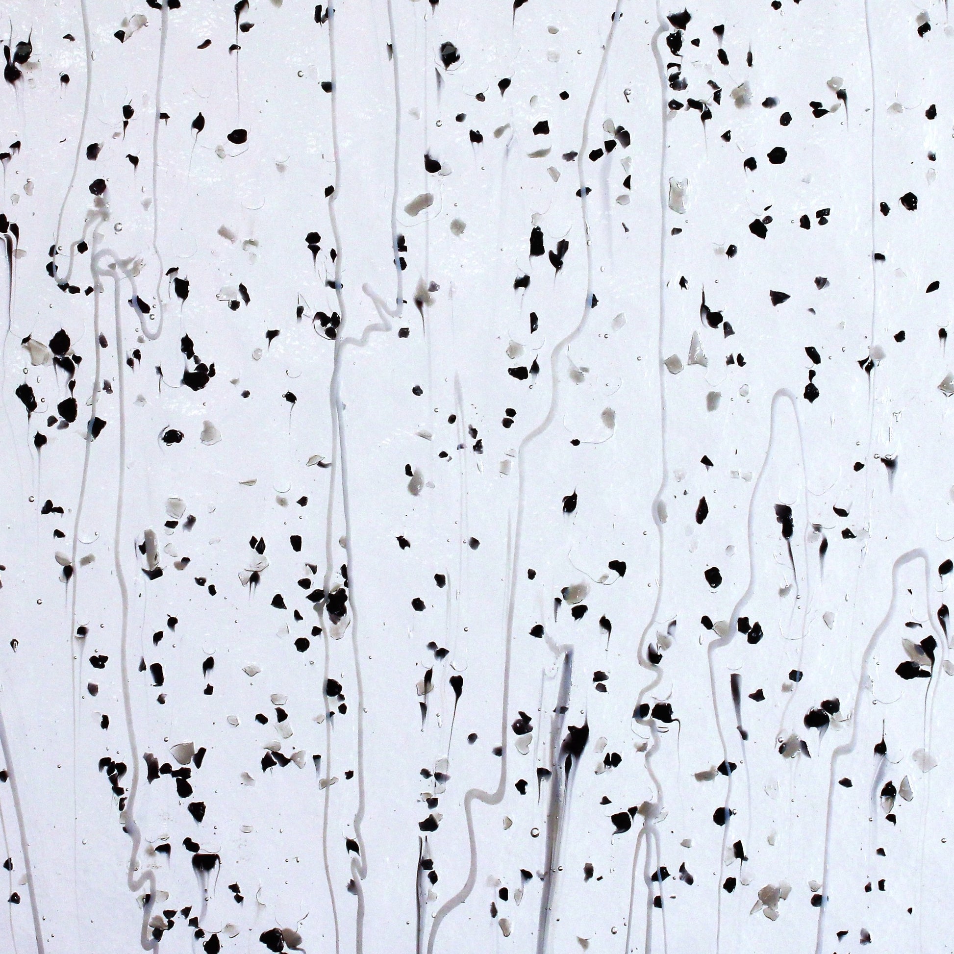 Gray & Black Frit, White Streamers on Clear Stained Glass Sheet. Bullseye 4218 Fusible 90 COE Fusible stringer glass, fusible frit glass.  Bradstreet Glass